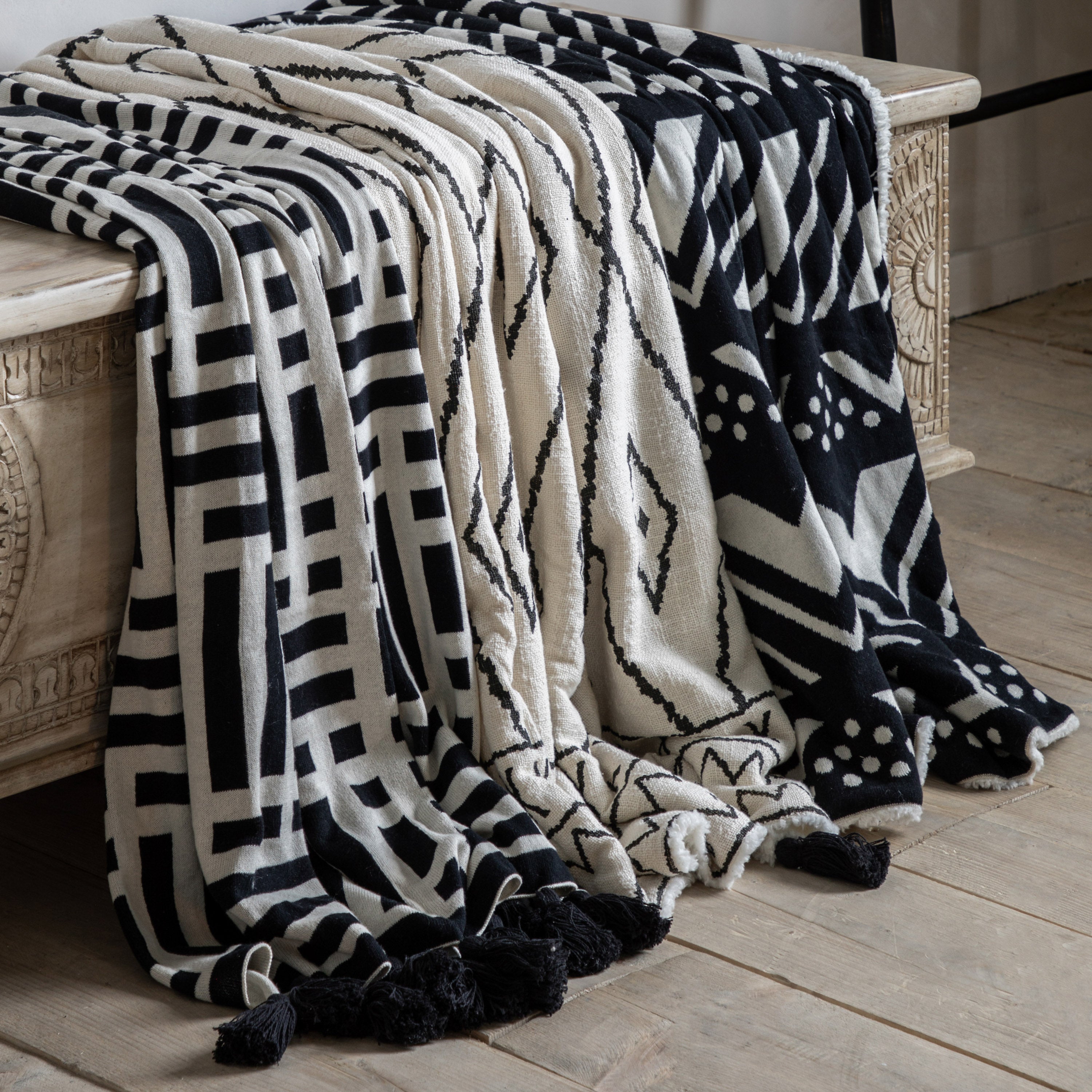 Mayfair Black Aztec Knitted Tassel Throw